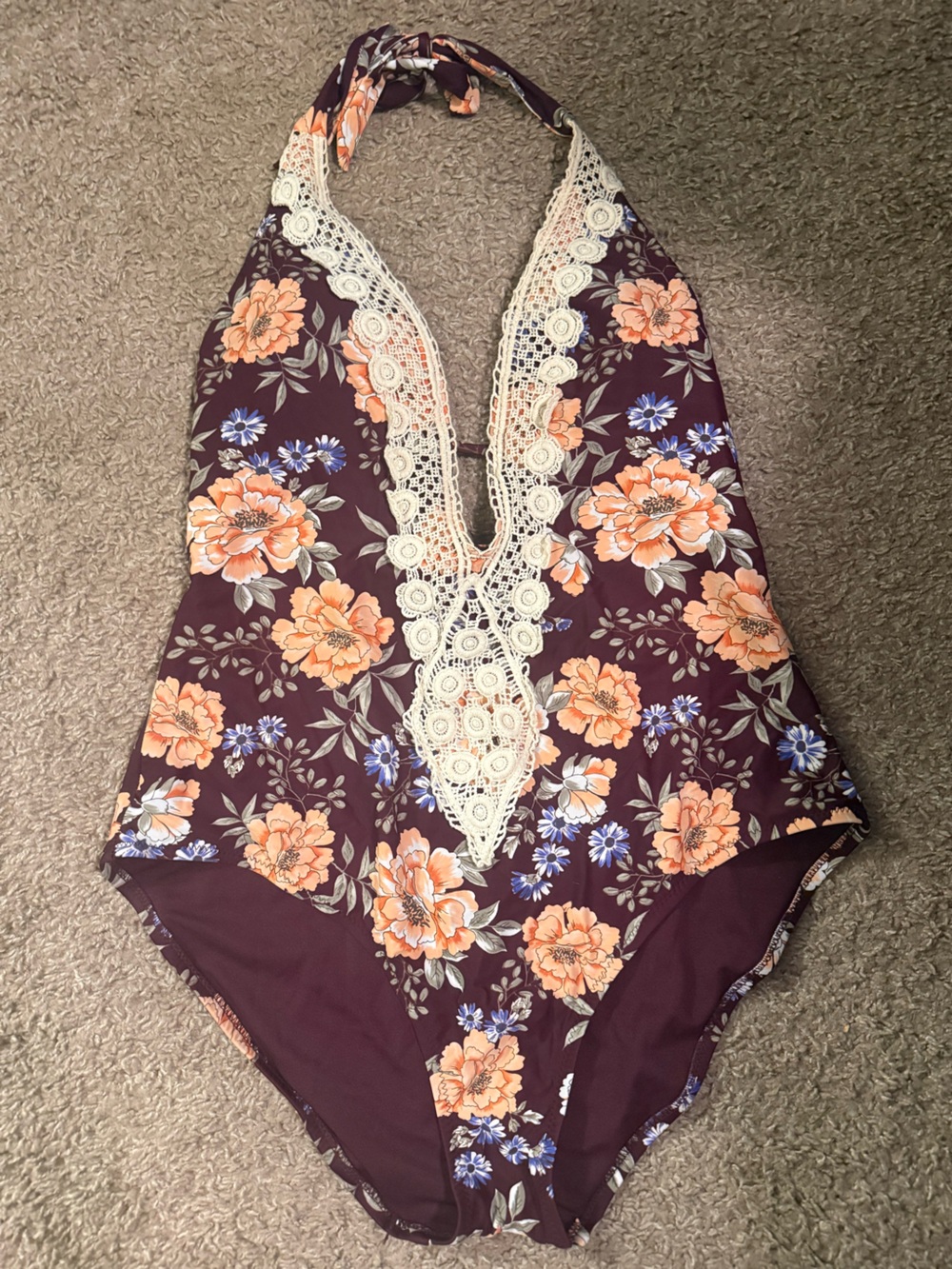 Kona Sol Plum Floral One-Piece with Cream Lace Halter